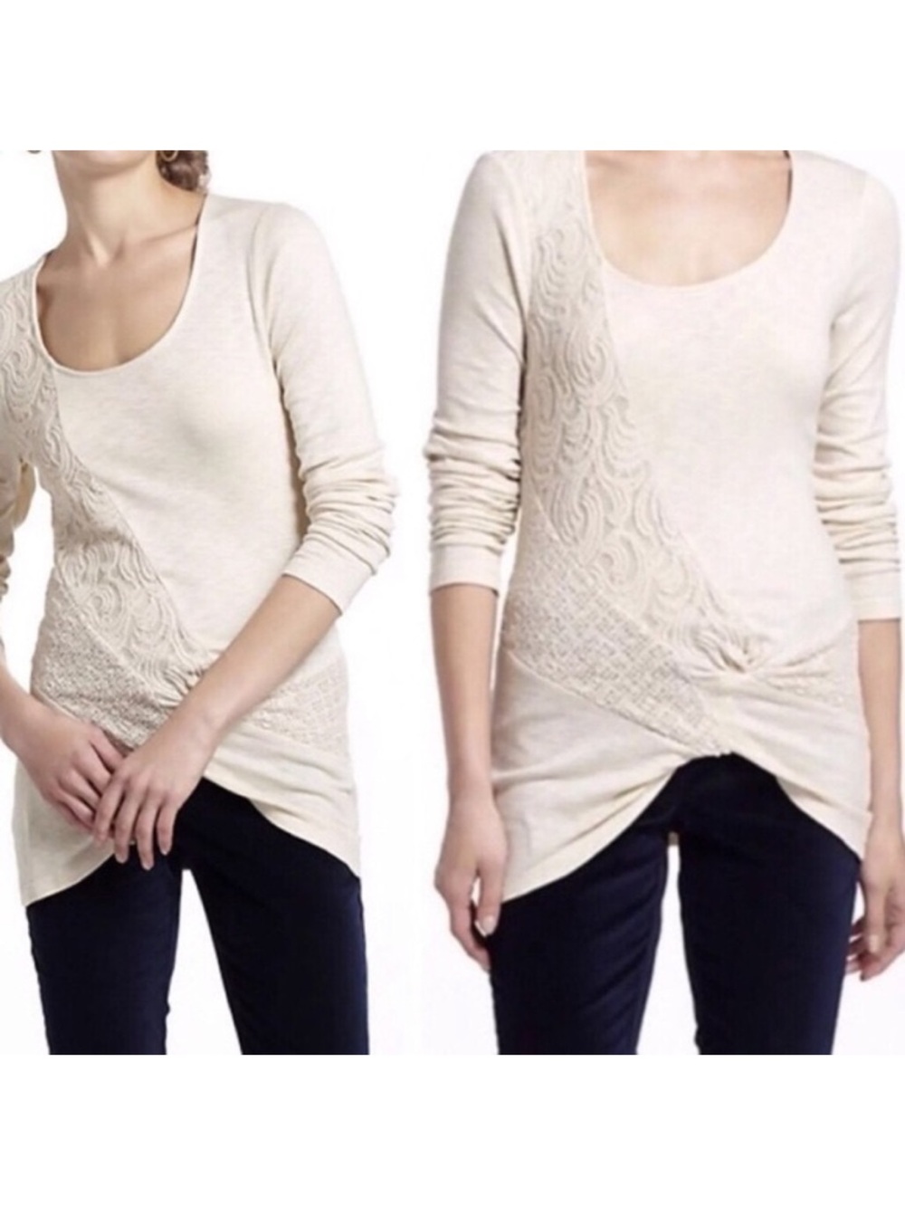 Anthro Deletta Twist Front Long Sleeve Lace Cream Off White Small